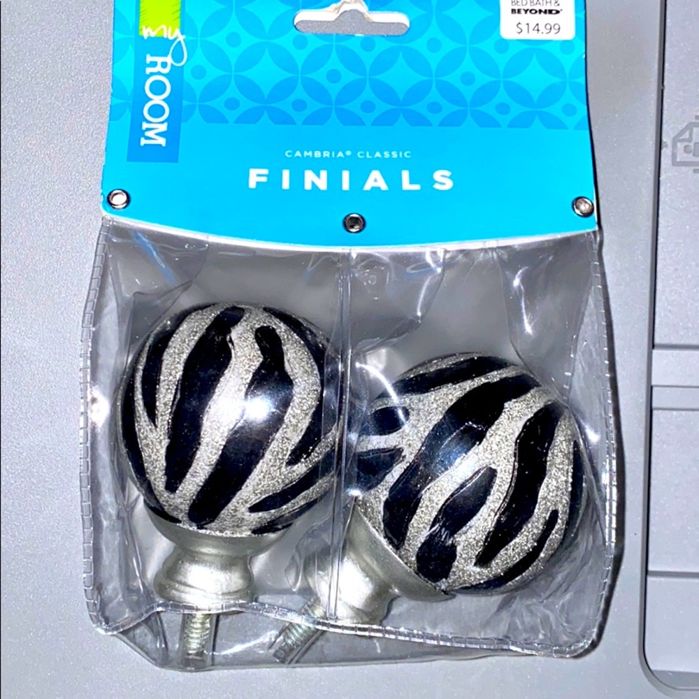 NEW in package silver & black zebra print finials!